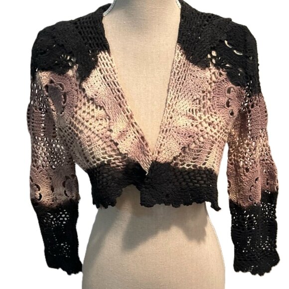 💕🆕 Handmade Tie-Dyed Crochet Shrug | Light French Brown & Black | 100% Cotton - Picture 2 of 3